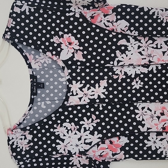 Sami & Jo Black w/ Polka Dots & Pink & White Floral Flowers Short Sleeve Dress S - Picture 2 of 11